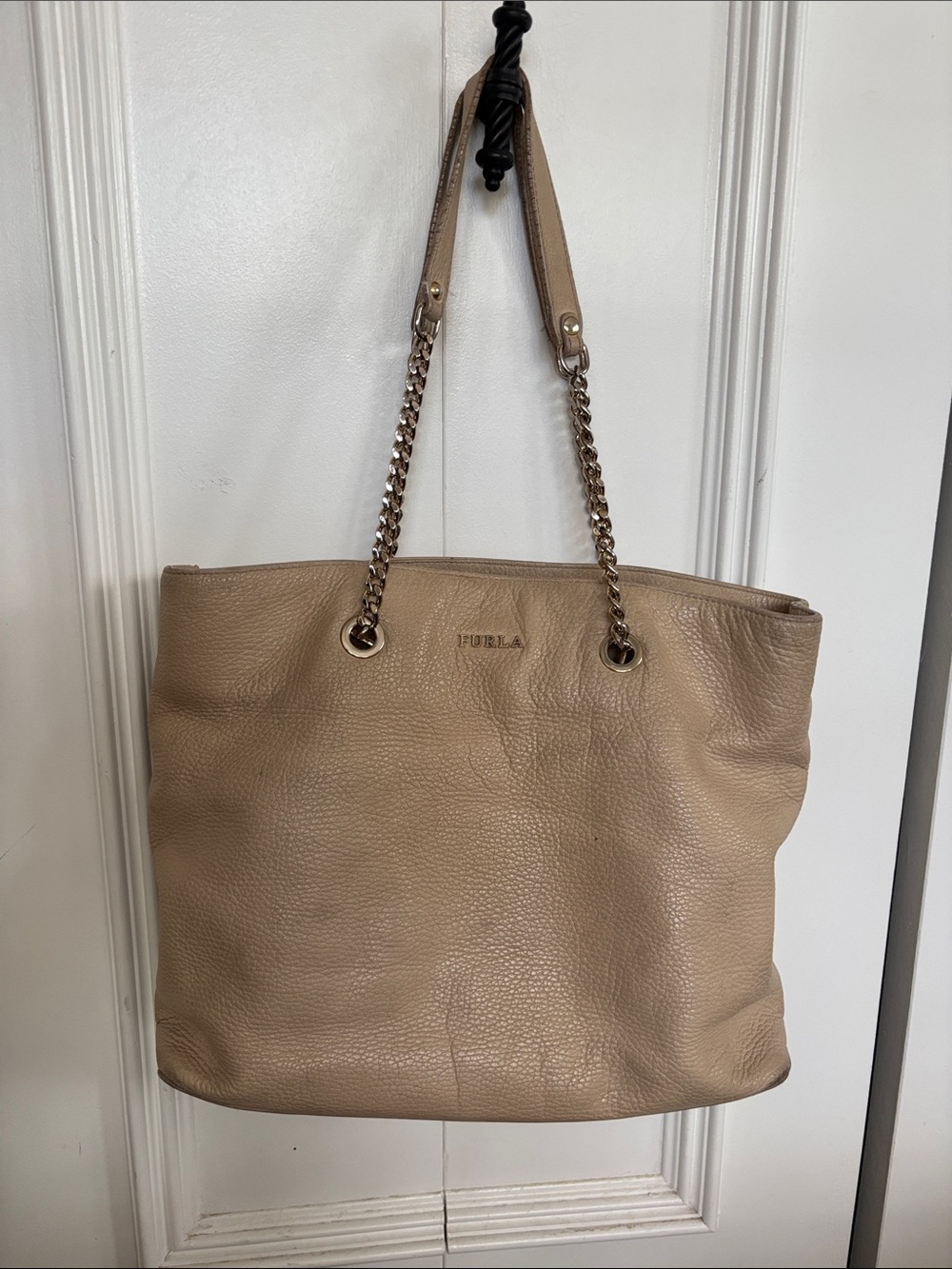 Furla Taupe Pebbled Leather Chain-Handle Tote